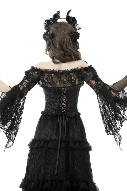 Black Off Shoulder Lace Long Trumpet Sleeves Floral Mesh Women's Gothic Cape