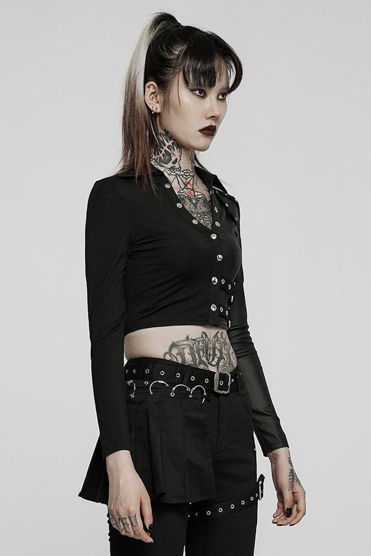 Black Gothic Super Cool Slim Fit Strap Sexy Cropped Pullover Long Sleeve Women's Polo Tee