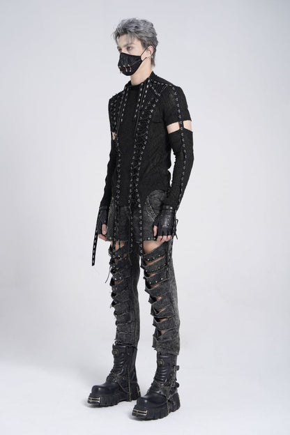 Black Long Sleeves Strap Lace-Up Irregular Mesh Men's Gothic T-Shirt