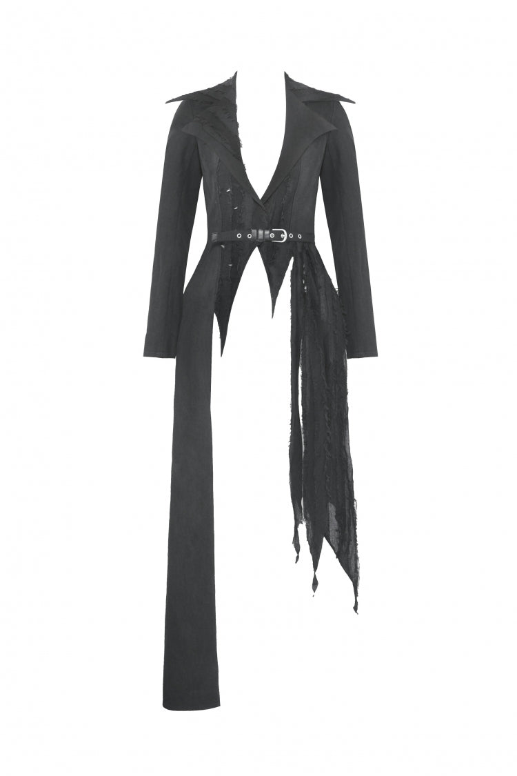Black Peak Lapel Collar Long Sleeves Irregular Distressed Women's Gothic Punk Coat with Belt