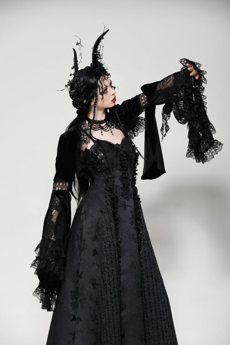 Black Long Puff Flared Sleeves Ruffled Lace Spliced Velvet Women's Gothic Cape