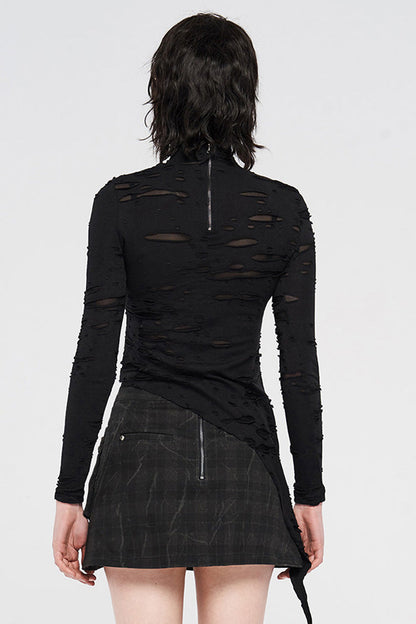 Black Long Sleeve High Collar Front Chest Hollow Out Strap Irregular Hem Broken Holes Splice Mesh Women's Punk T-Shirt