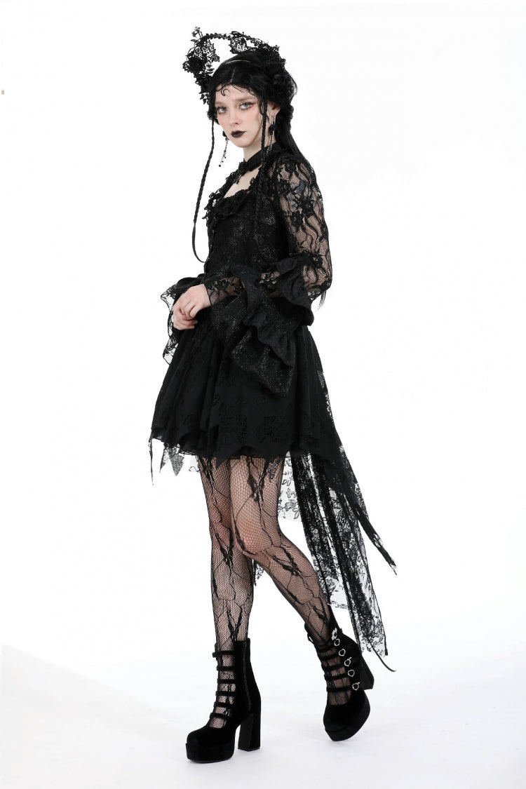 Black Multi-Layered Long Trumpet Sleeves Lace Lace-Up Women's Gothic Top