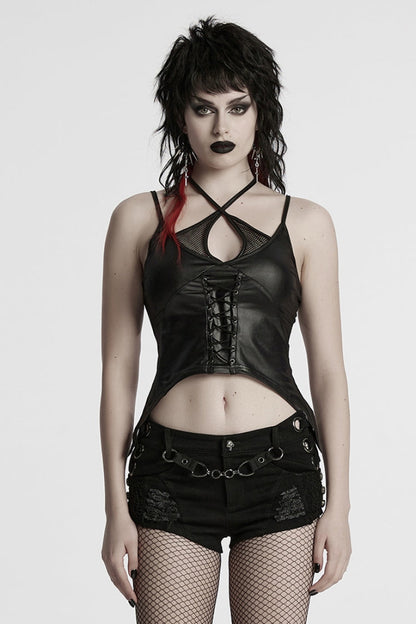 Black Halterneck Sleeveless Lace-Up Plunging Irregular Women's Punk Vest