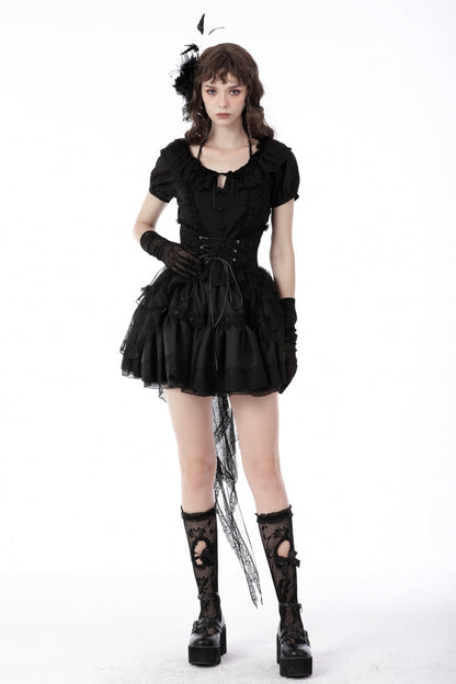 Black Lace-Up Multi-Layered Lace Women's Gothic Fishtail High Low Tunic Skirt