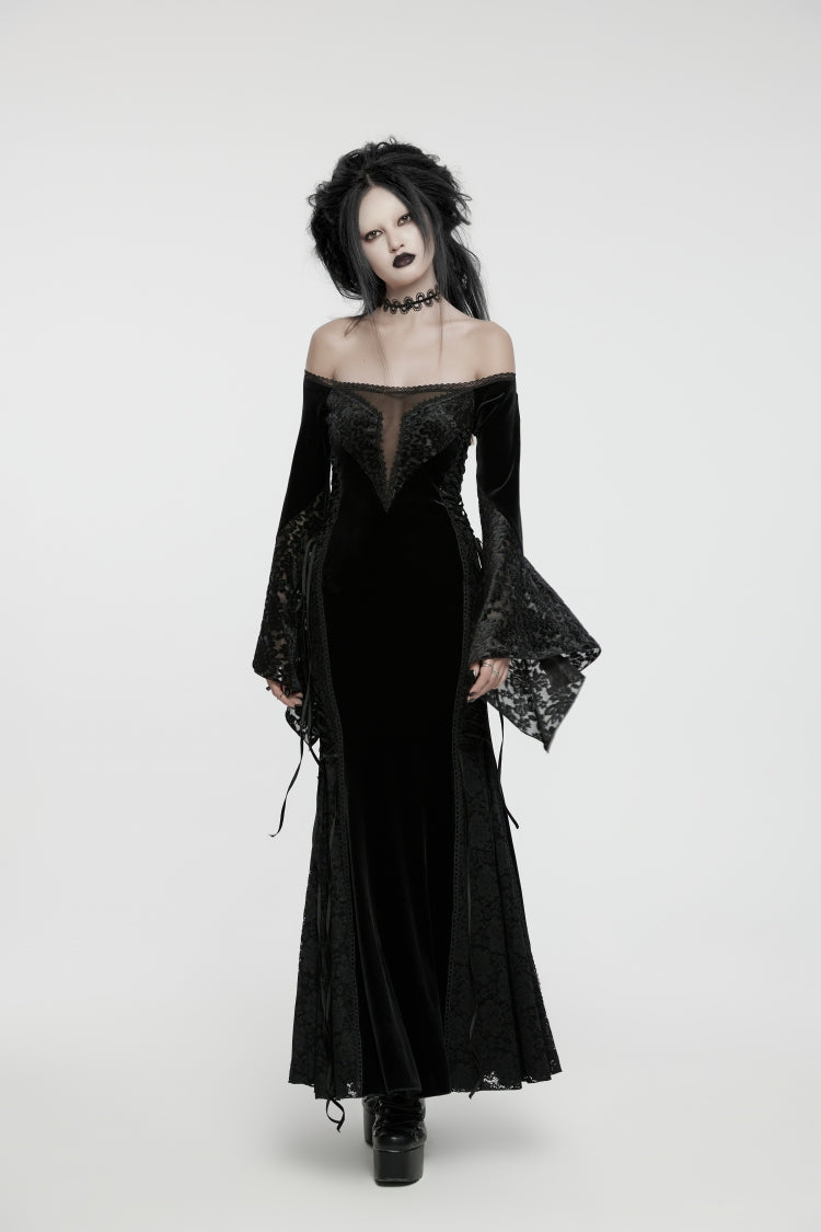Black Off Shoulder Long Trumpet Sleeves Embroidered Spliced Lace Lace-Up Women's Gothic Gorgeous Palace Strapless Velvet Dress