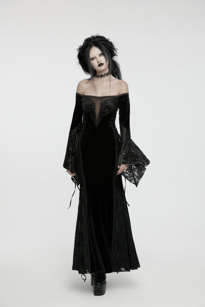 Black Off Shoulder Long Trumpet Sleeves Embroidered Spliced Lace Lace-Up Women's Gothic Gorgeous Palace Strapless Velvet Dress