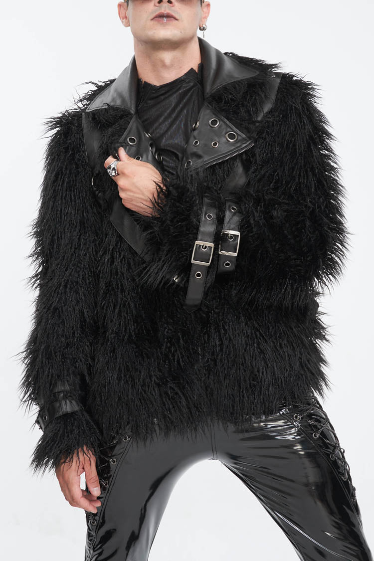 Black Lapel Collar Collar Faux Fur Men's Punk Jacket