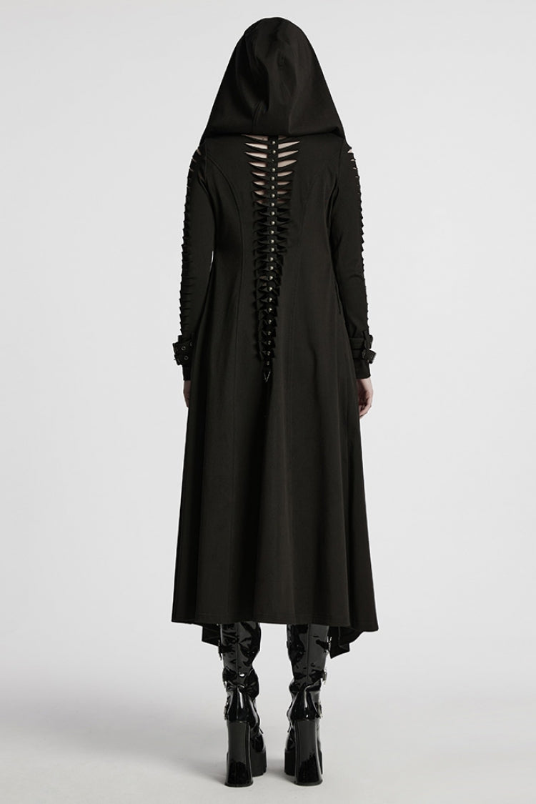 Black Long Sleeves Hooded Ripped Buckle Women's Punk Long Coat