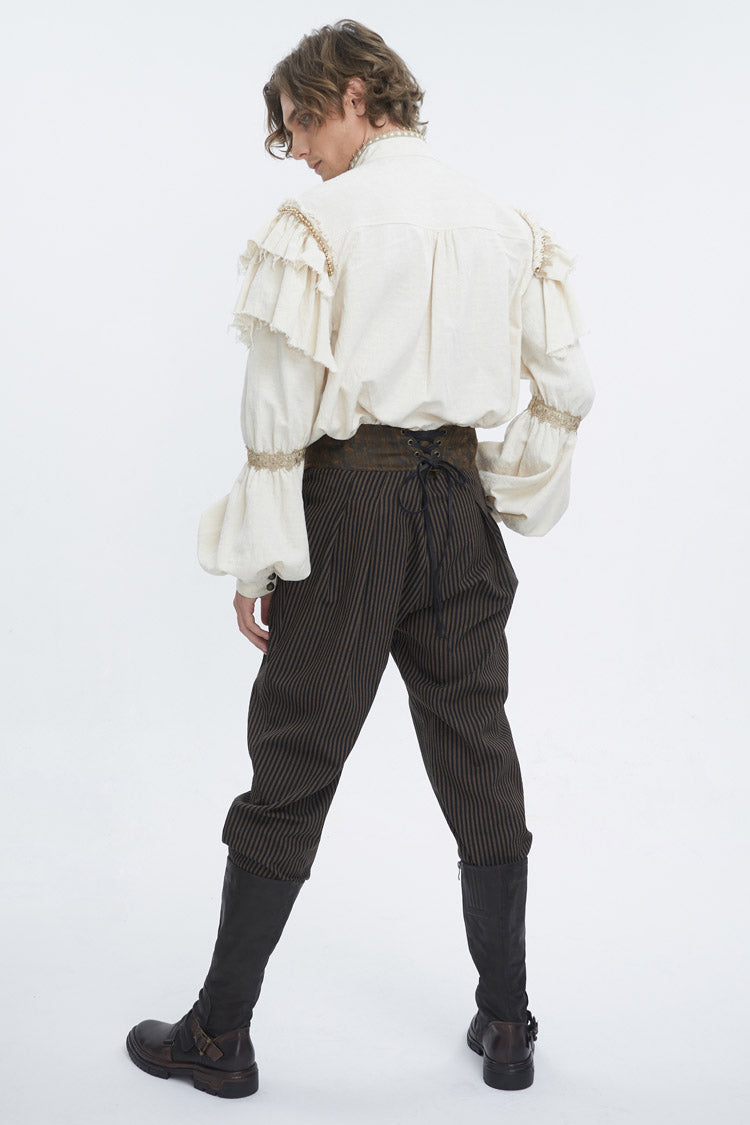 Beige Stand Collar Lantern Sleeves Multi-layer Ruffle Men's Gothic Blouse