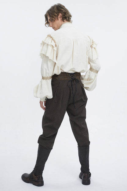 Beige Stand Collar Lantern Sleeves Multi-layer Ruffle Men's Gothic Blouse