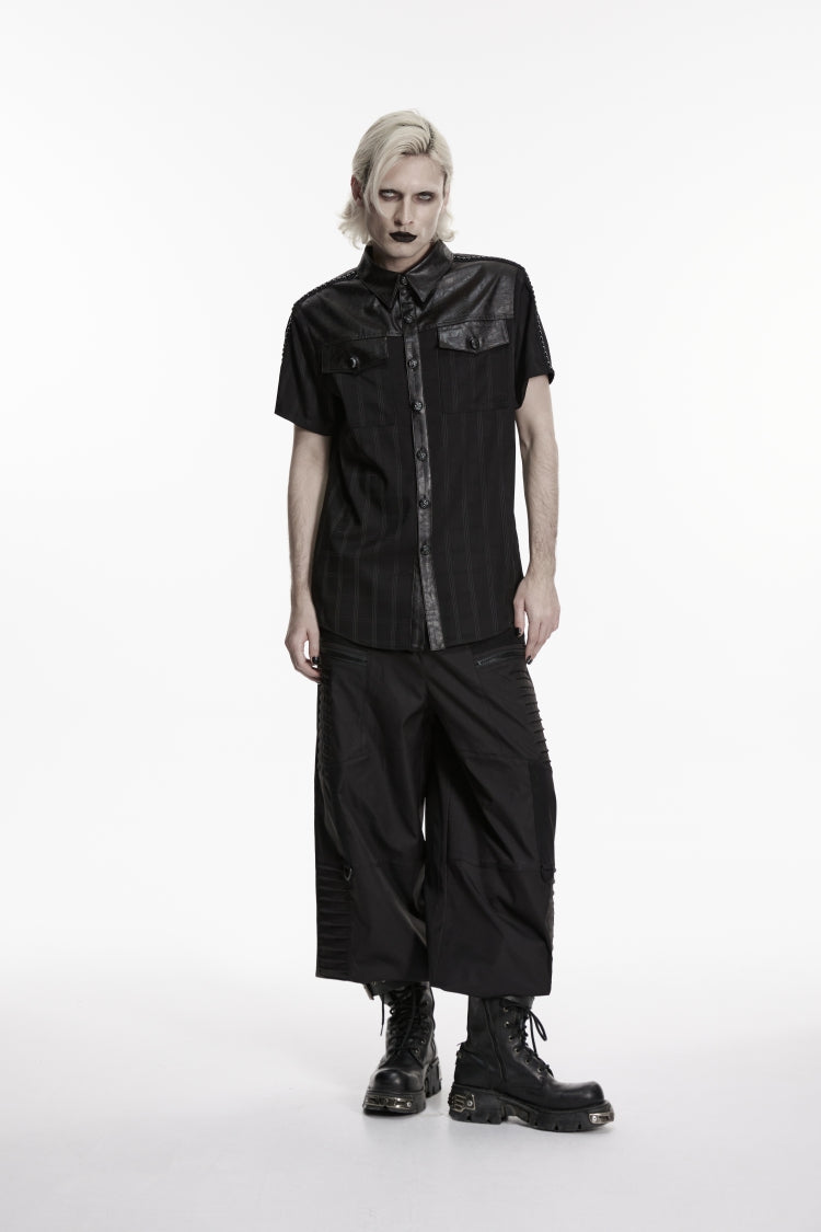 Black Lapel Collar Short Sleeves Spliced Men's Punk Shirt