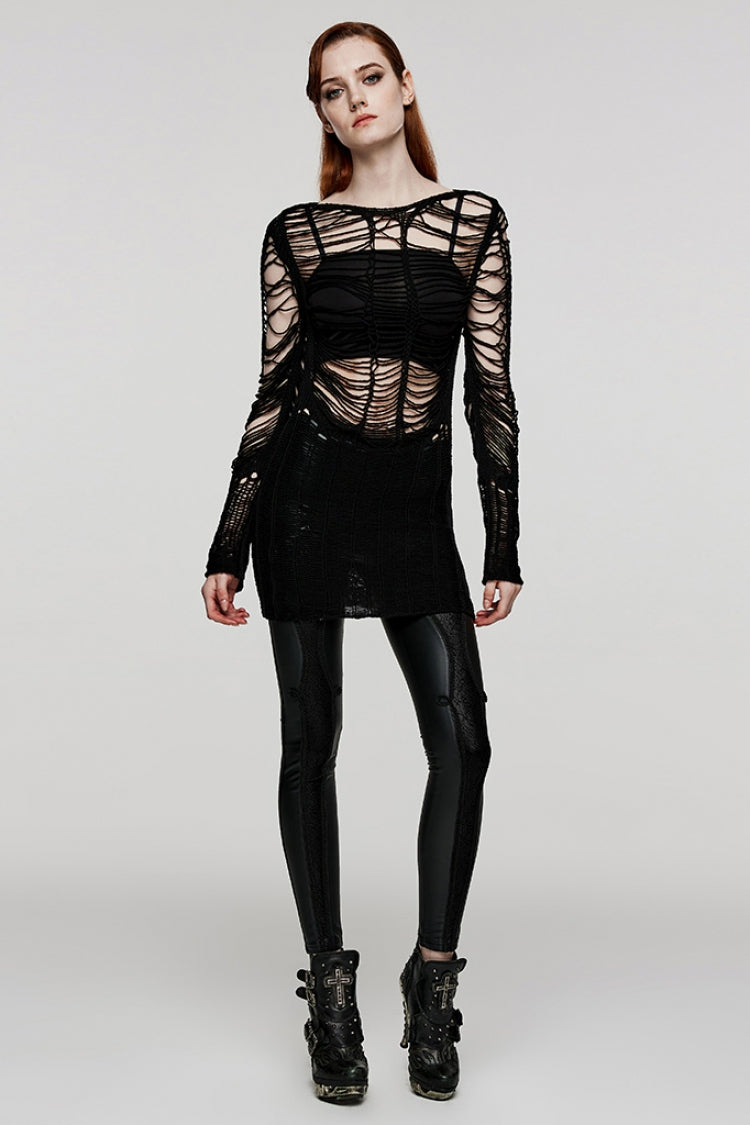 Black Long Sleeves Hollow Sheer Ripped Women's Steampunk Long Sweater