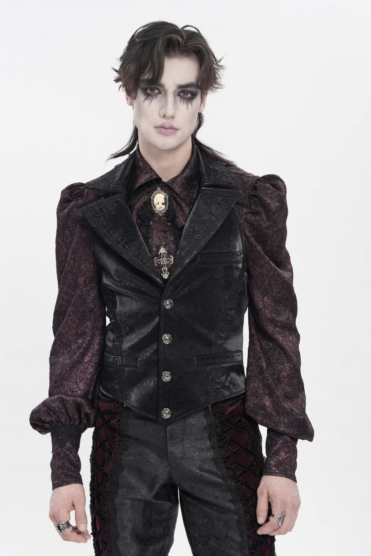 Black Lapel Collar Jacquard Lace Slim Men's Gothic Vest
