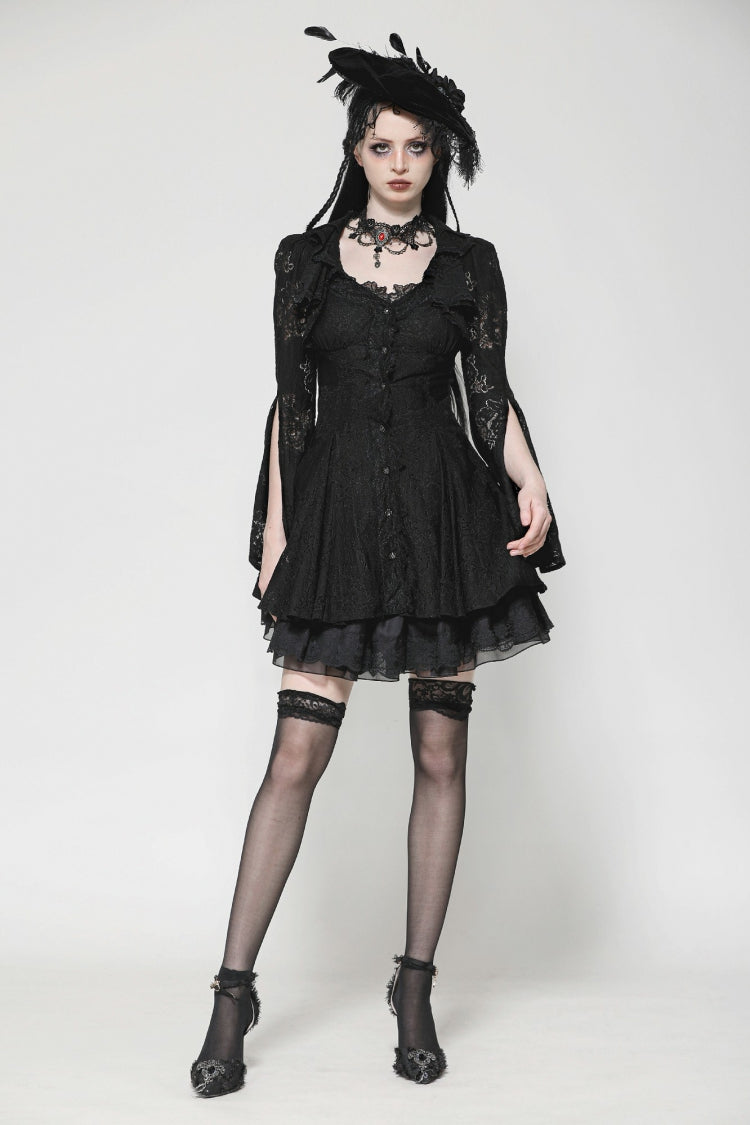 Black Long Trumpet Sleeves Embroidered Lace Lace-Up Women's Gothic Honeymoon Dress