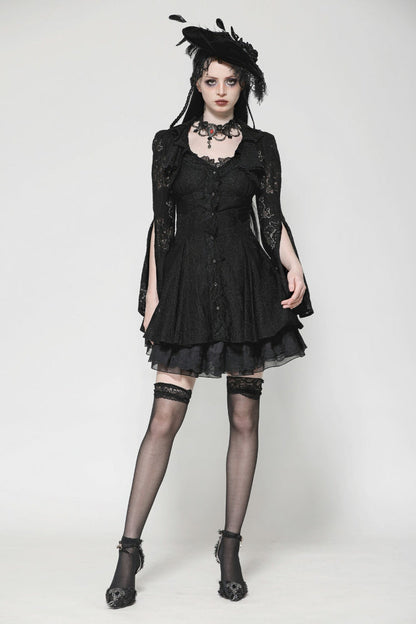 Black Long Trumpet Sleeves Embroidered Lace Lace-Up Women's Gothic Honeymoon Dress