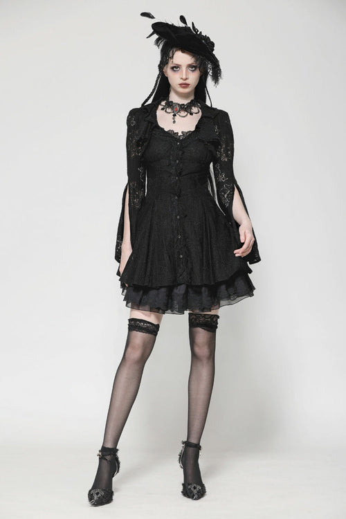 Black Long Trumpet Sleeves Embroidered Lace Lace-Up Women's Gothic Honeymoon Dress