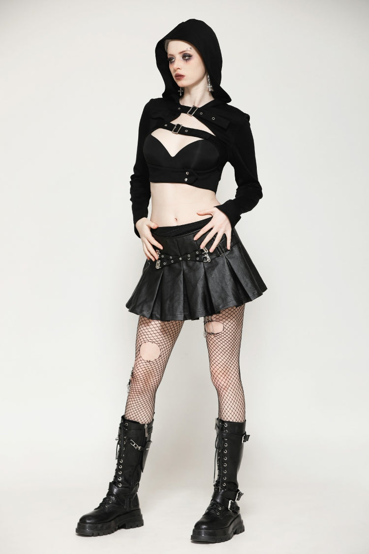 Black Low Waisted Buckle-Up Women's Punk PU Leather Pleated Mini Skirt