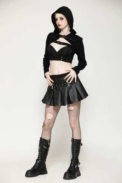 Black Low Waisted Buckle-Up Women's Punk PU Leather Pleated Mini Skirt