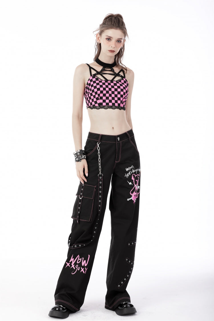 Black Dangerous Bear Chain-Decorated Women's Grunge Bell Bottom Pants