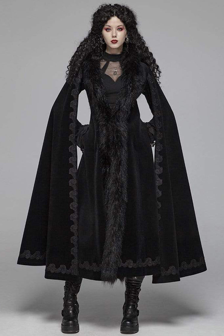 Black Fur Collar Slit Cloak Shape Sleeve Back Waist Lace Up Imitation Cashmere Long Women's Gothic Coat
