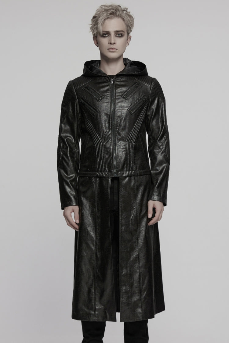Black Long Sleeves Ruched Faux Leather Stitching Hooded Detachable Men's Punk Coat