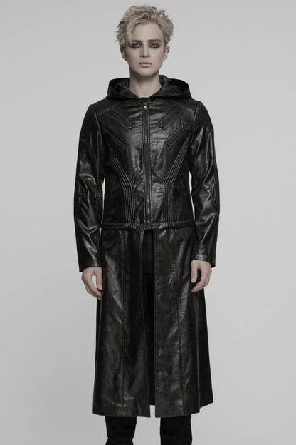 Black Long Sleeves Ruched Faux Leather Stitching Hooded Detachable Men's Punk Coat