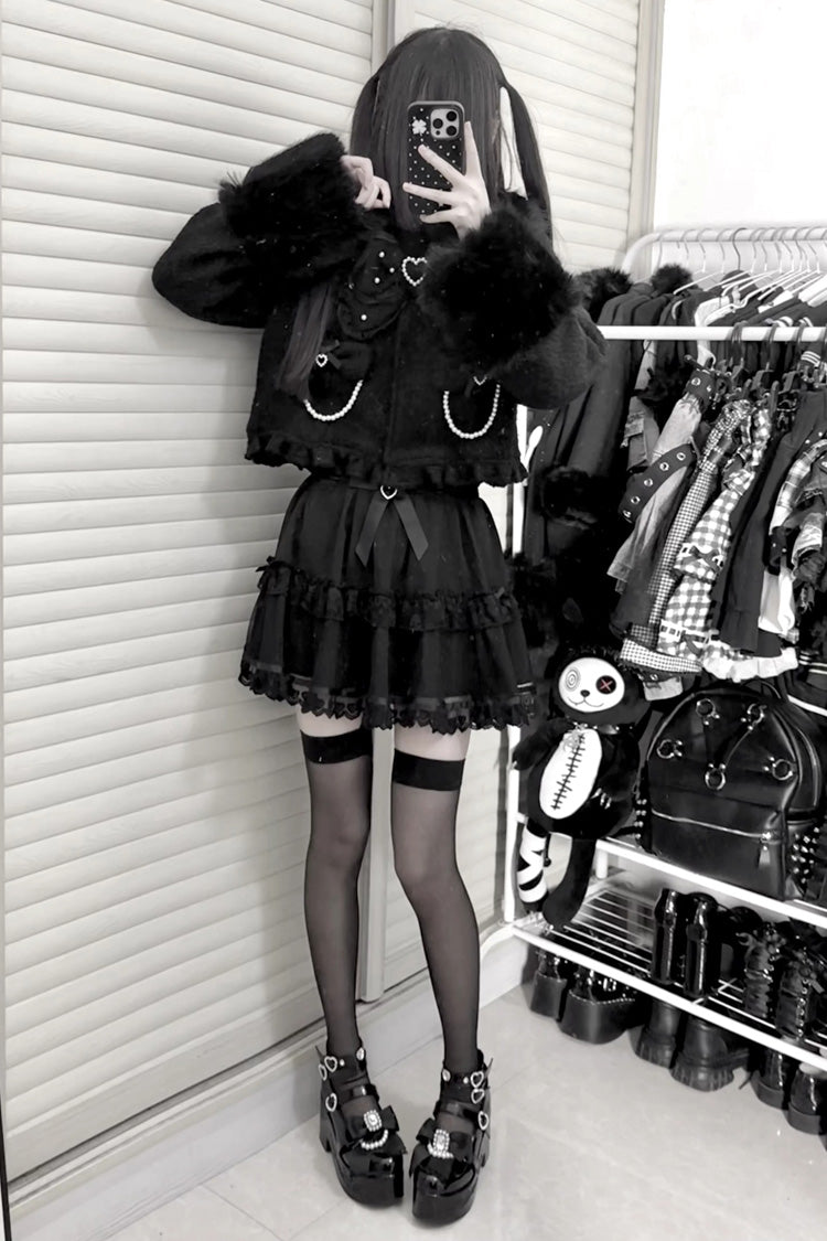 Black Long Sleeves Bow Sheep Wool Gothic Jirai Kei Japanese Short Coat