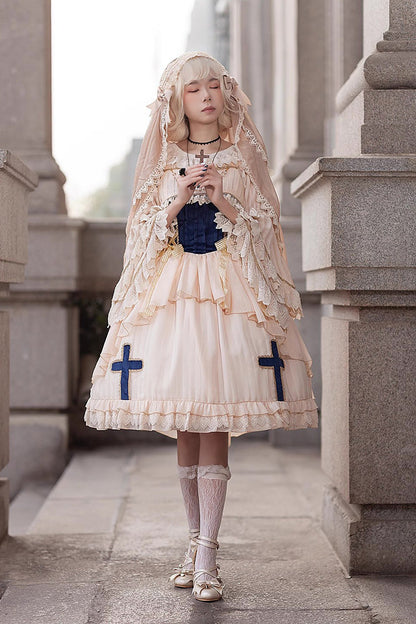 Apricot Eternal Life Song Print Cross Embroidery Sleeveless Ruffle Sweet Lolita Dress