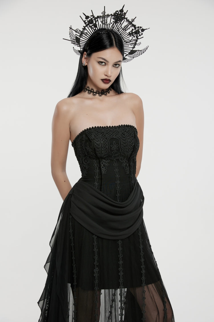 Black Off Shoulder Sleeveless Spliced Lace-Up Slim Pleated Women's Gothic Corset  Chiffon Strapless Dress