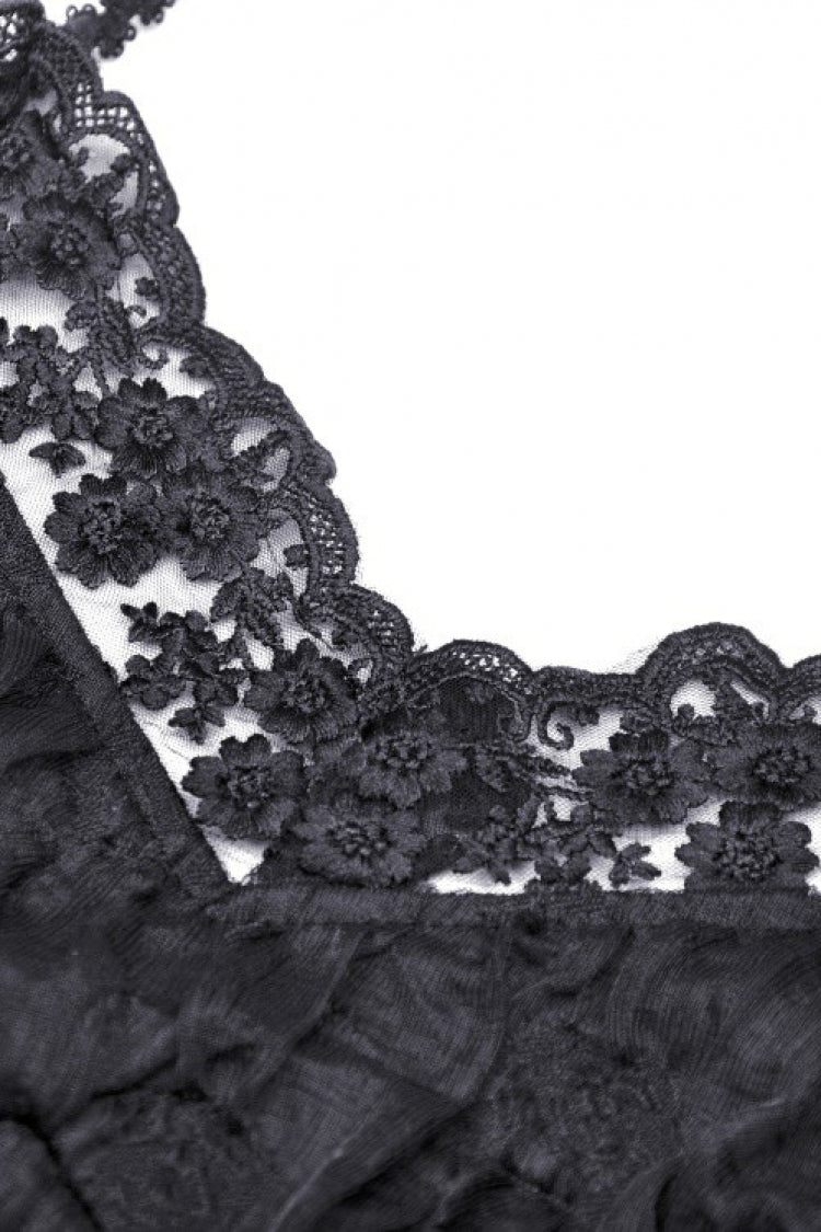 Black Off Shoulder Halterneck Lace Crinkle Women's Gothic Tank Top