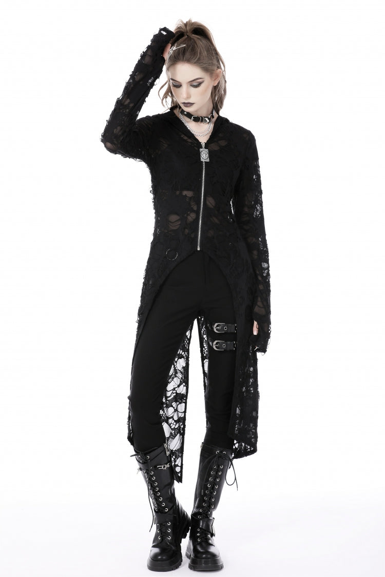 Black Long Sleeves Split Ripped Zippered Women's Punk Long Coat with Hood