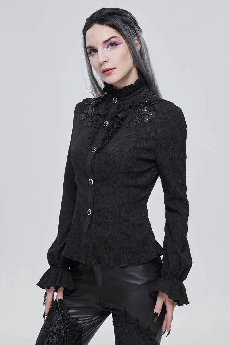 Black Lace High Neck Three Dimensional Embroidered Lantern Trumpet Sleeves Women's Gothic Shirt
