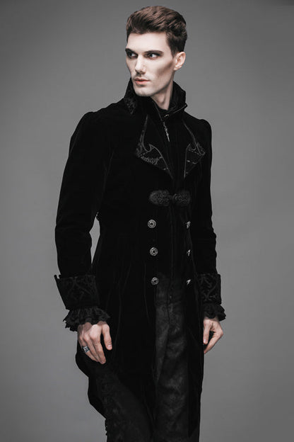 Black Embroidered Collar Long Sleeves Mens Velveteen Tuxedo Gothic Coat