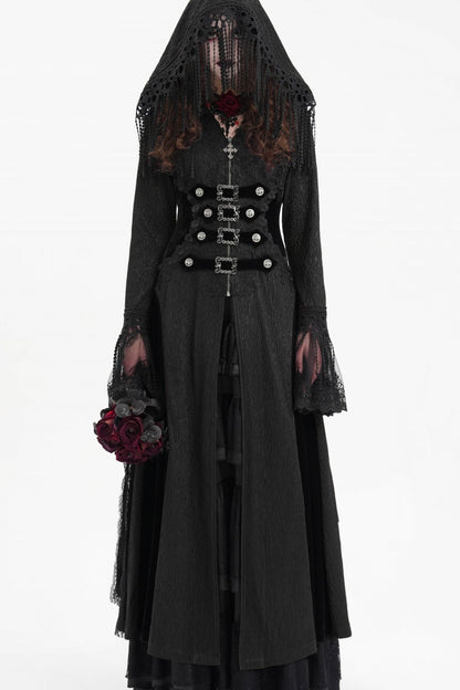 Black Buckle-up Tassels Hooded Women's Gothic Coat