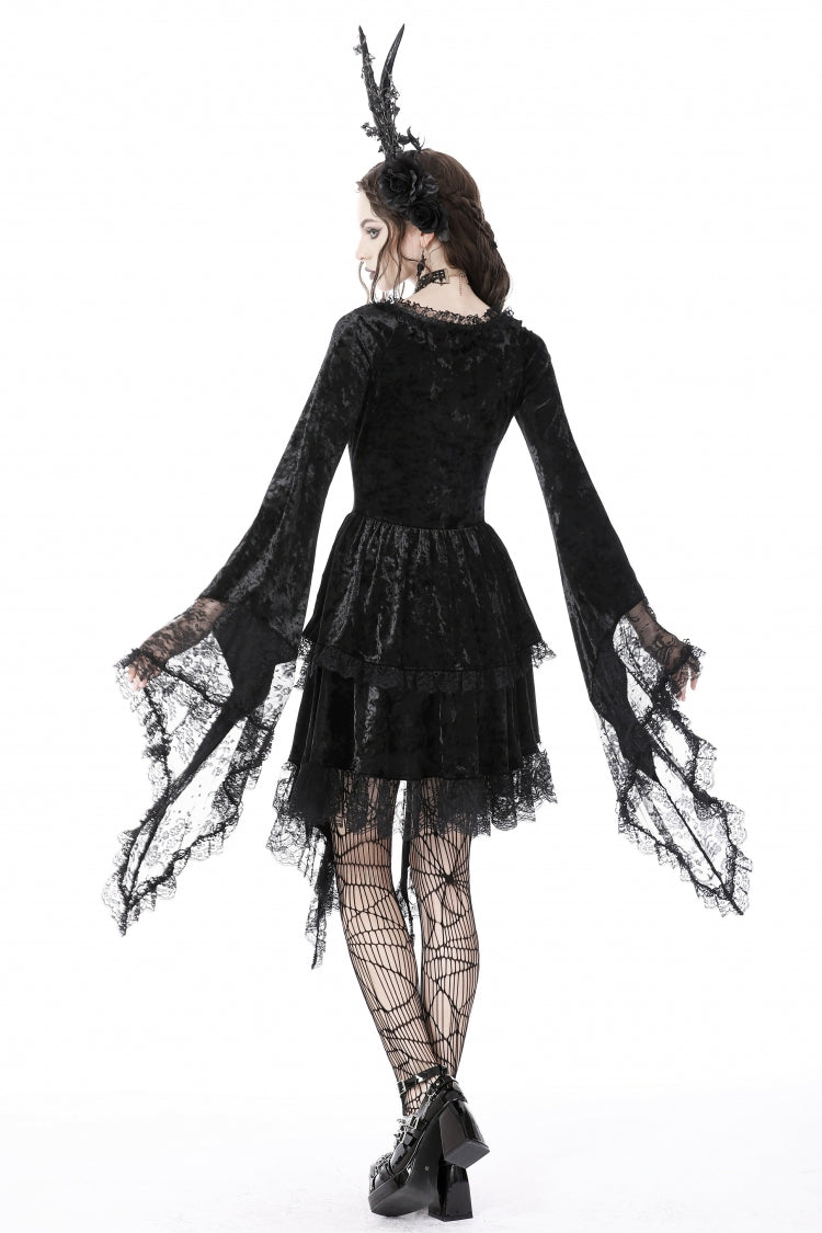 Black Irregular Long Trumpet Sleeves Lace Spliced Women's Gothic Velvet Graduation Dress