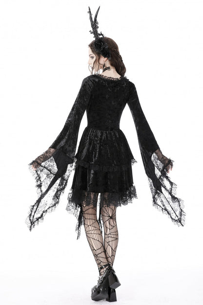Black Irregular Long Trumpet Sleeves Lace Spliced Women's Gothic Velvet Graduation Dress