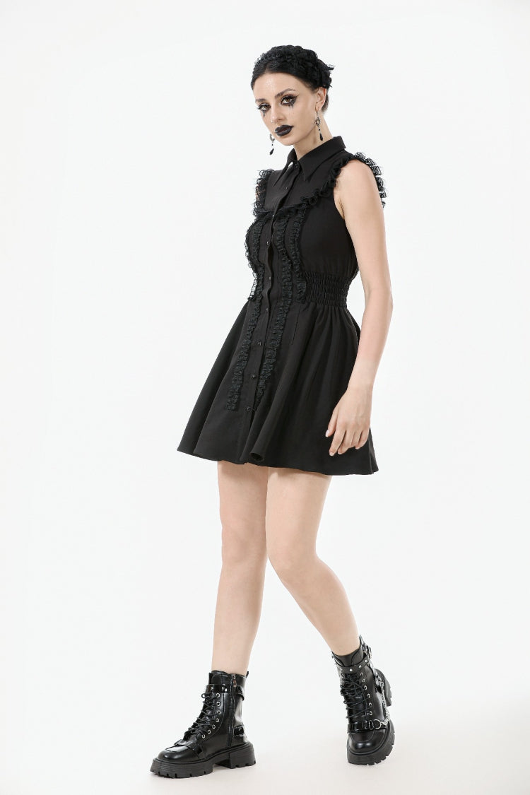 Black Lapel Collar Sleeveless Lace Women's Gothic Button-Front Dress Graduation Dress