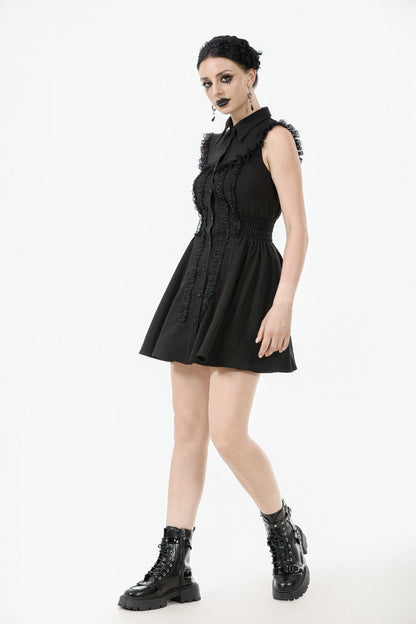 Black Lapel Collar Sleeveless Lace Women's Gothic Button-Front Dress Graduation Dress