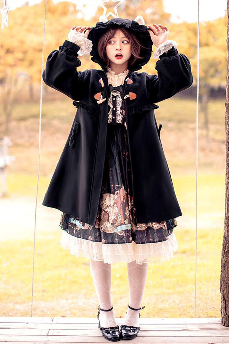 Black Cat Tail Long Sleeves Ruffle Bowknot Hooded Sweet Lolita Coat