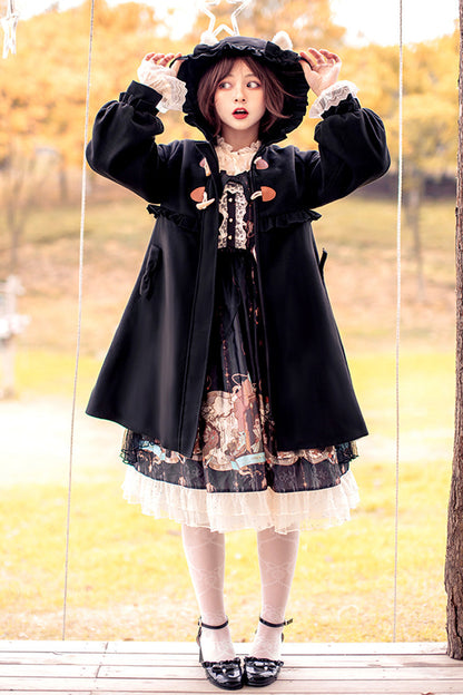 Black Cat Tail Long Sleeves Ruffle Bowknot Hooded Sweet Lolita Coat