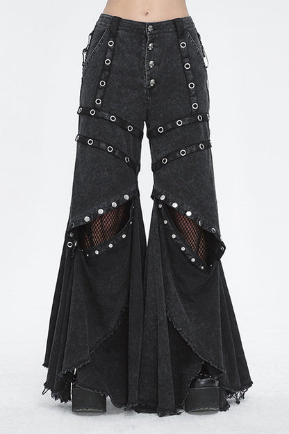 Black Mesh Eyelets Ruffled Flared Womens Punk Pants