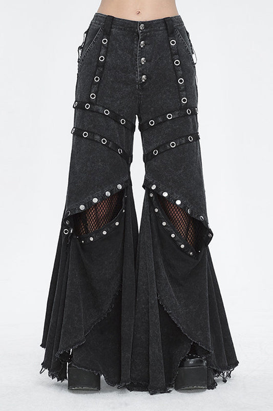 Black Mesh Eyelets Ruffled Flared Womens Punk Pants