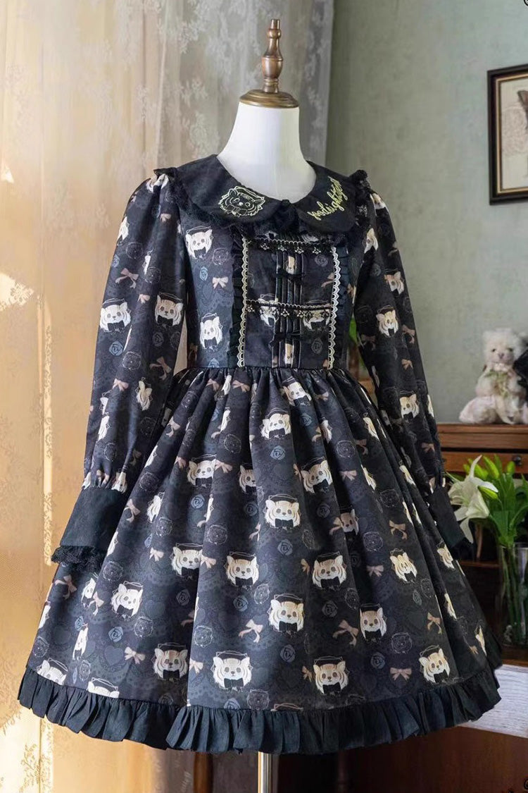 Black Long Sleeves Print Bowknot Sweet Plus Size College Style Lolita Dress