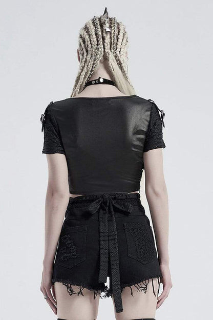 Black Knit V Neck Short Sleeve Back Waist Bandage Broken Holes Women's Punk T-Shirt
