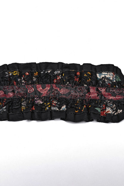 Black Long Sleeves Floral Print Ruffle Women's Gothic Lolita Kimono Dress Set