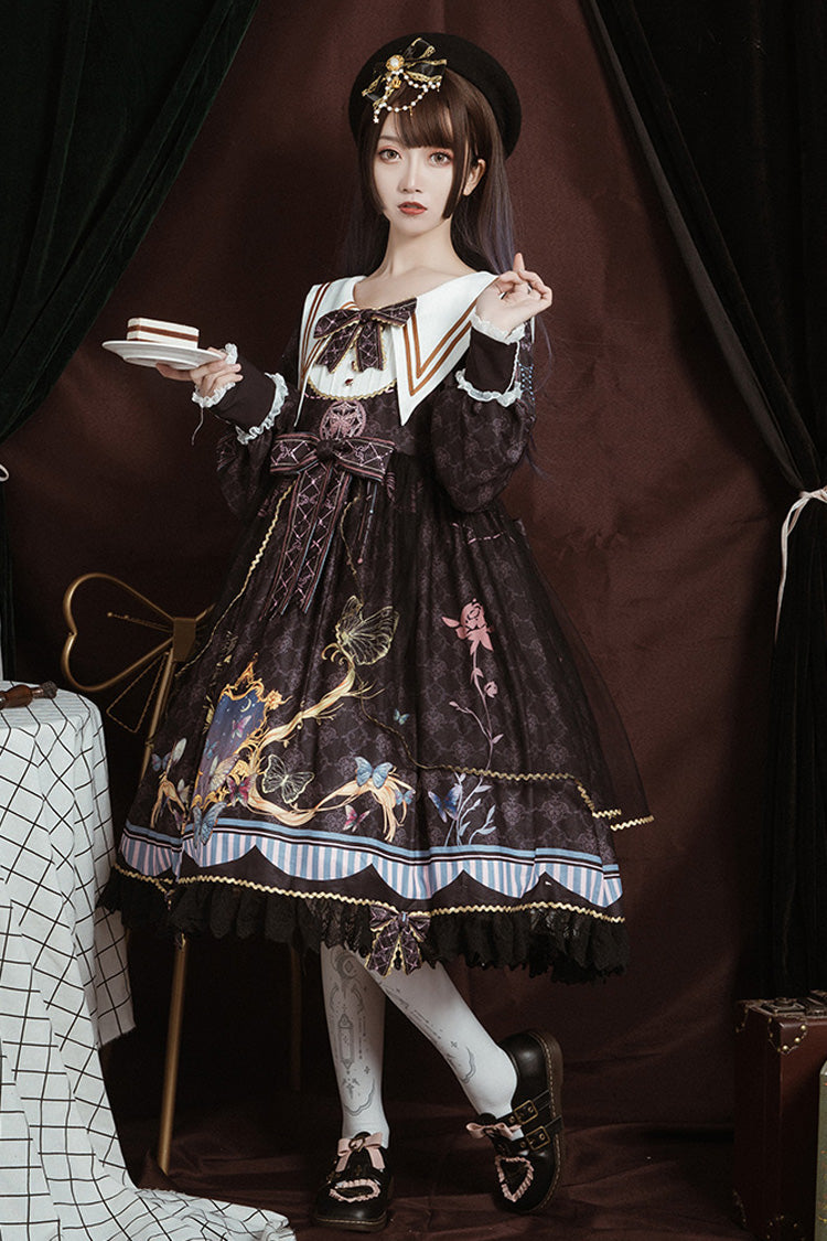 Black Navy Collar Long Sleeves Butterfly Print Ruffle Bowknot Gothic Elegant Princess Lolita Dress