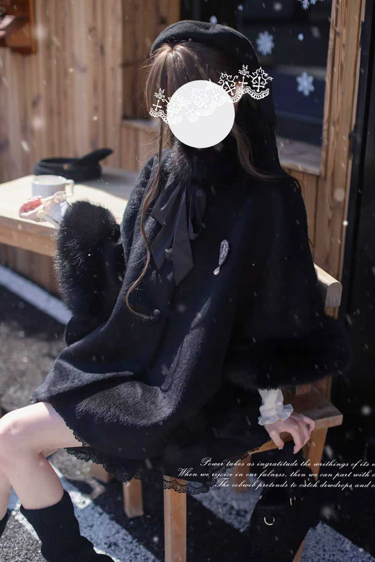 Black Long Sleeves Lace Gothic Japanese Lolita Fluffy Cloak Coat