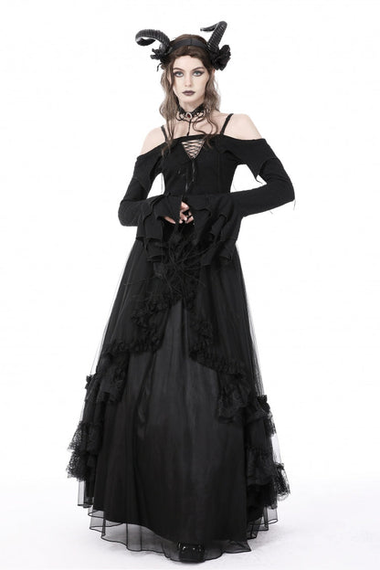 Black Off Shoulder Long Trumpet Sleeves Lace-Up Women's Gothic Sexy Crop Top