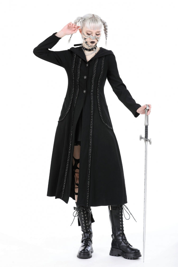Black Long Sleeves Ruffled Lace-Up Women's Punk Long Jacket with Hood